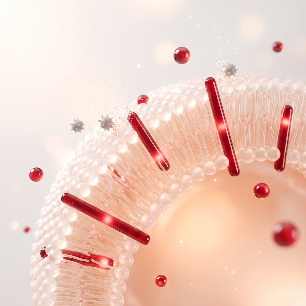 3D illustration of a cell membrane with red astaxanthin molecules spanning it