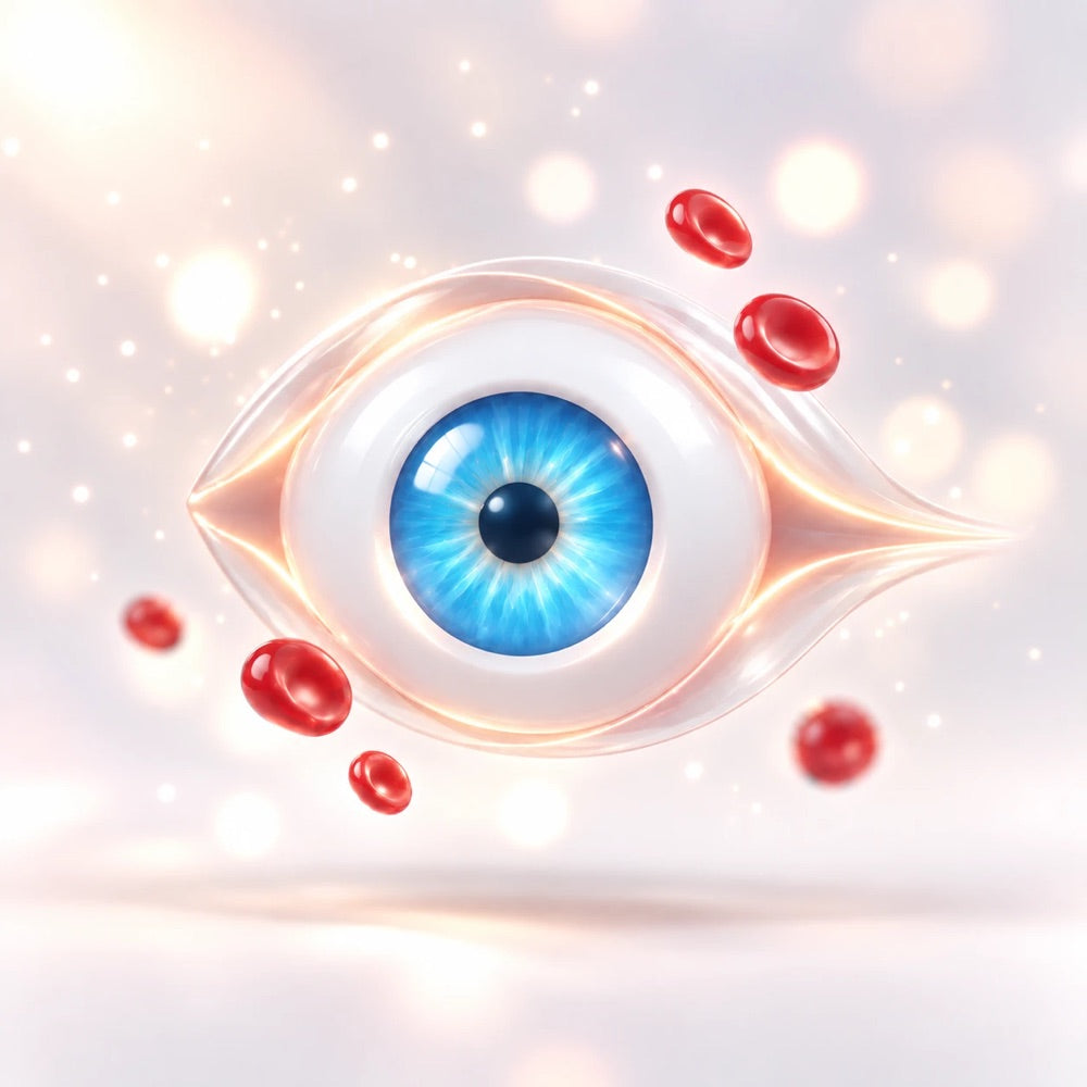 3D illustration of an eye with a bright blue iris, set in a translucent glass form, with red astaxanthin particles floating around it