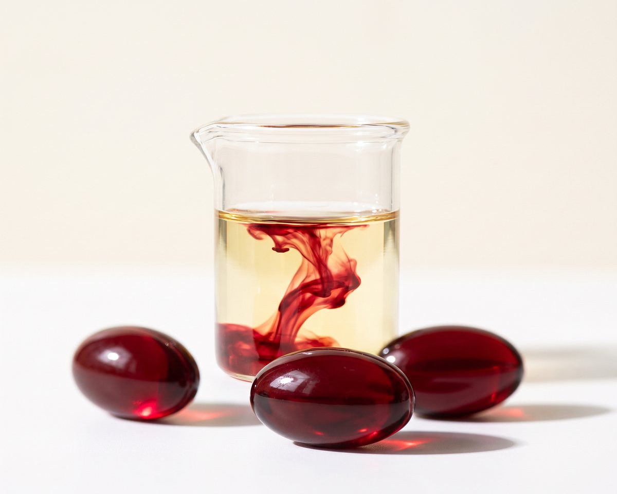 Red astaxanthin extract swirling into a beaker of oil, three softgels beside it