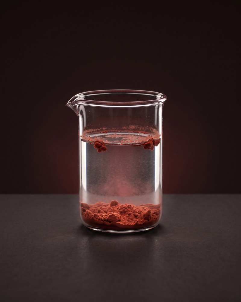 A glass beaker of water with dry astaxanthin powder settled undissolved at the bottom