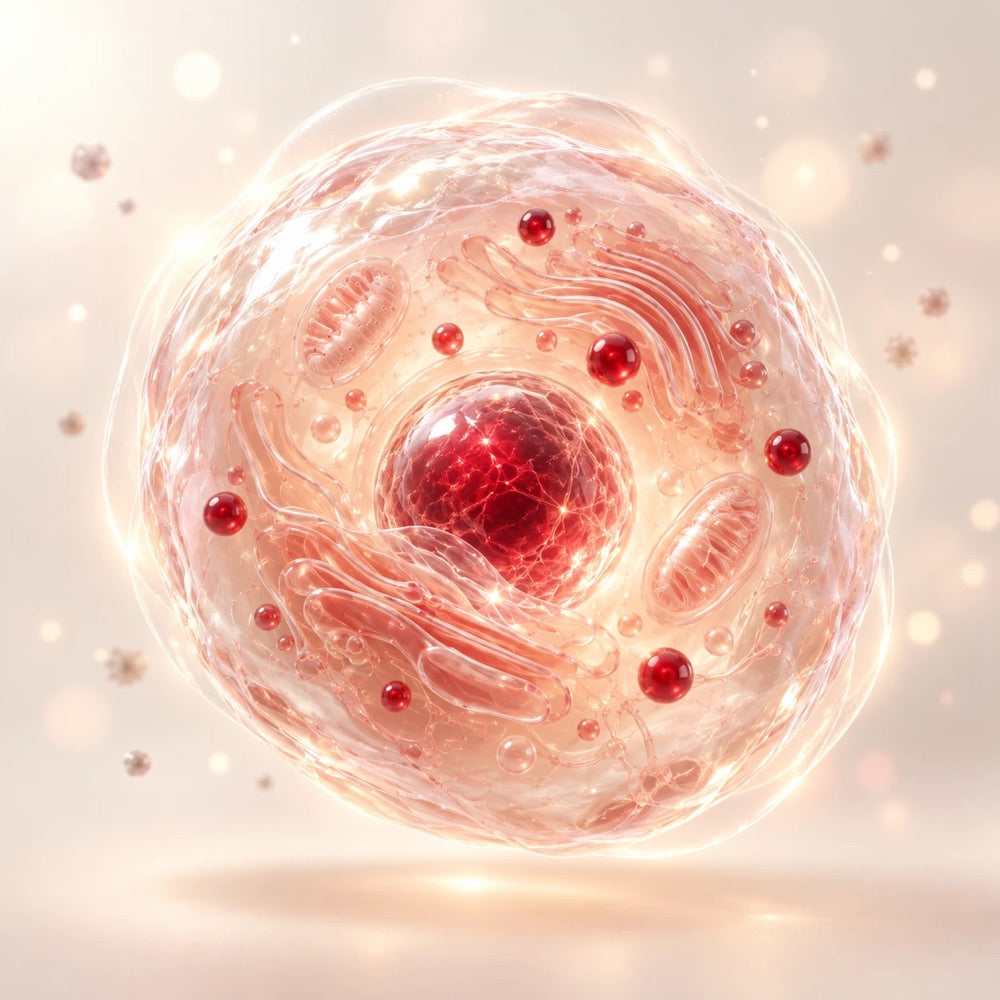 Illustration of a cell with astaxanthin spheres inside it