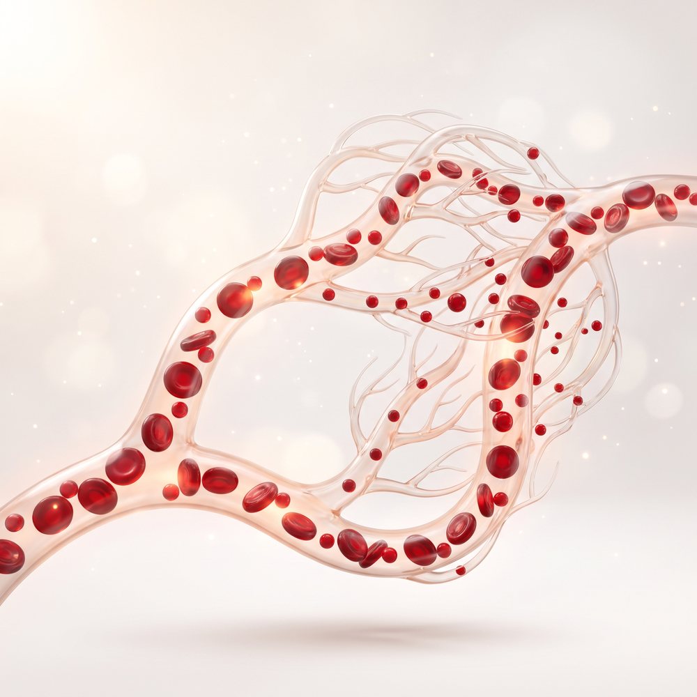 3D illustration of a blood vessel branching into fine capillaries, with red cells flowing through