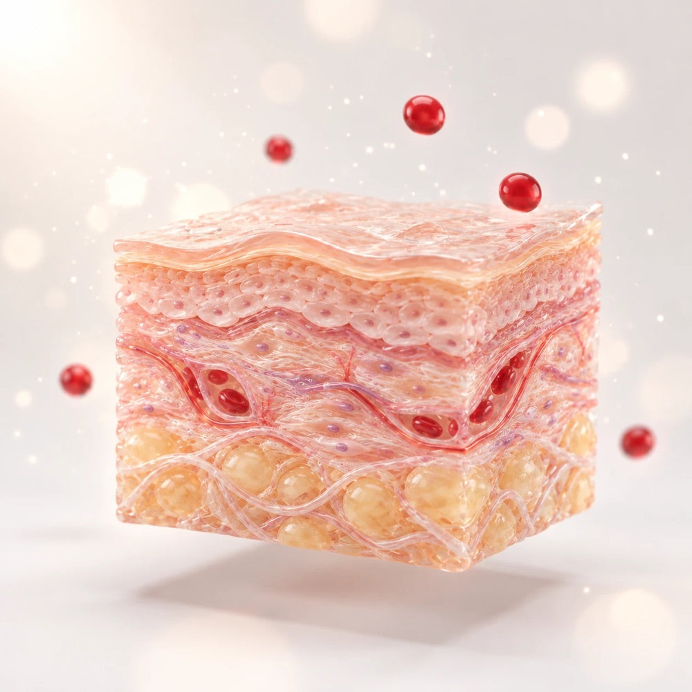 3D cross-section of skin showing its layers, from the surface down to the fat beneath, with red astaxanthin spheres around it