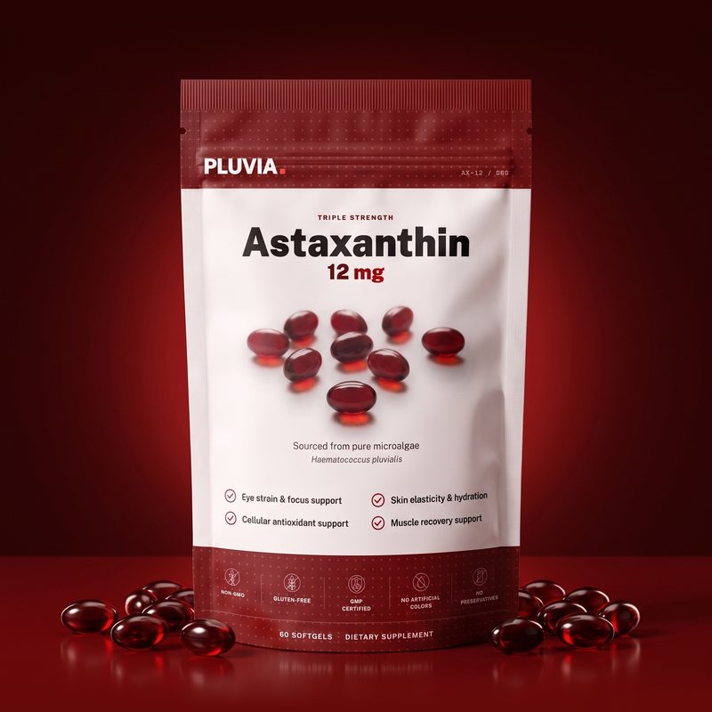 Pluvia Astaxanthin 12 mg pouch standing among red softgels
