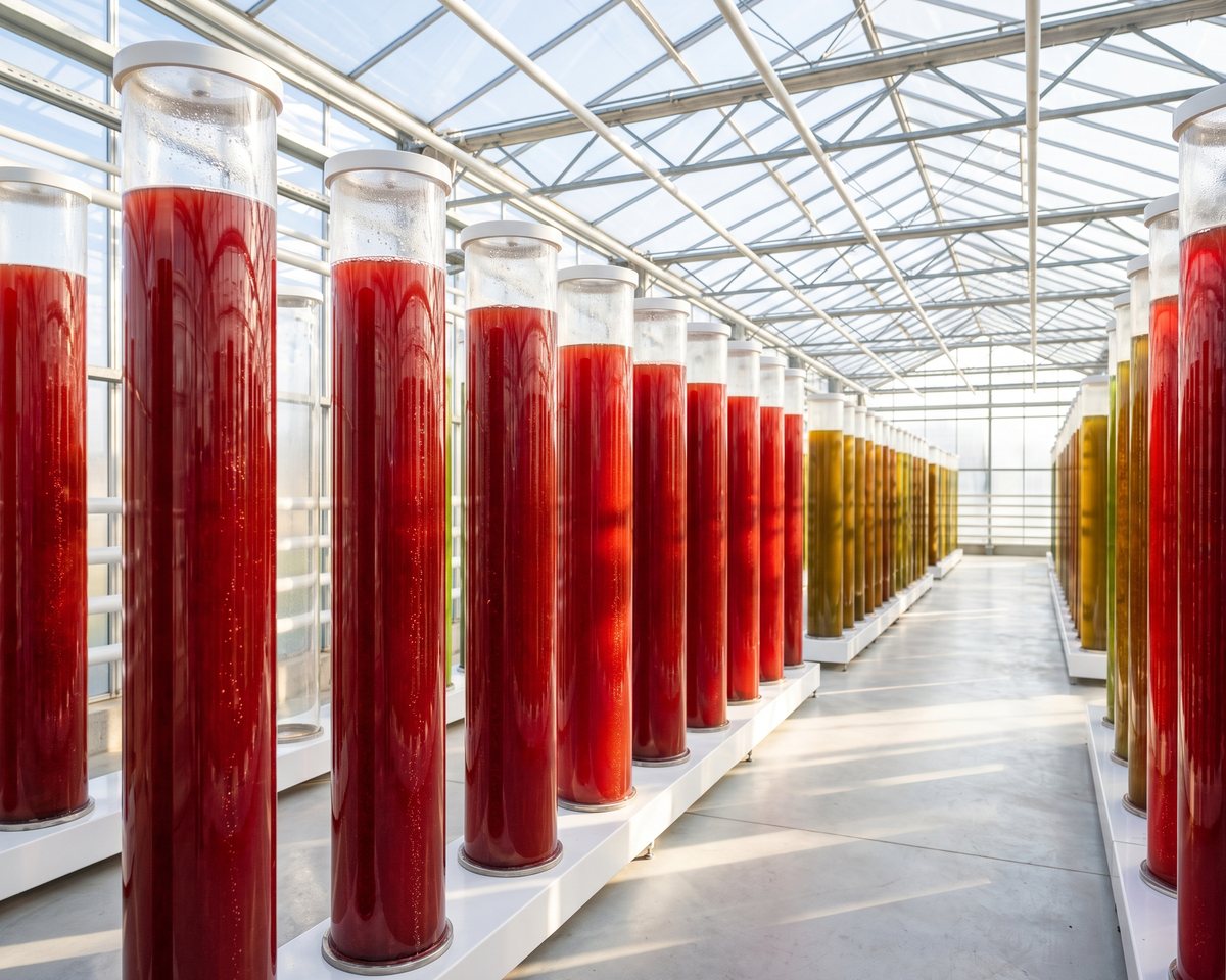 Glass cultivation tubes of red Haematococcus pluvialis microalgae in a sunlit greenhouse