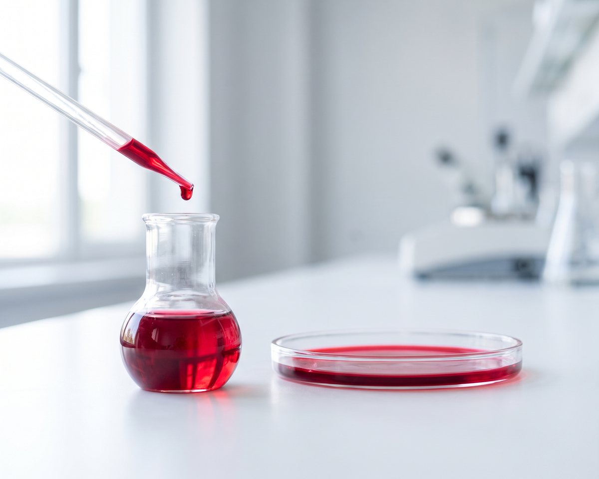 A pipette dropping ruby-red astaxanthin extract into a glass flask on a white lab bench