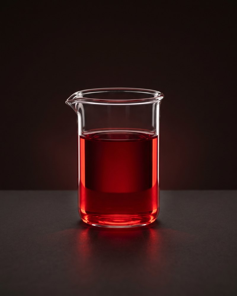 A glass beaker of oil with astaxanthin fully dissolved in it, glowing deep ruby