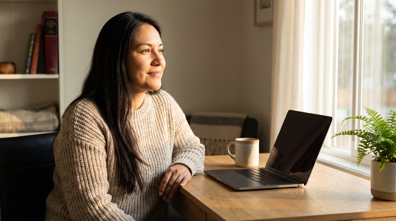 A woman leaning back from her laptop at the end of the working day, in warm window light